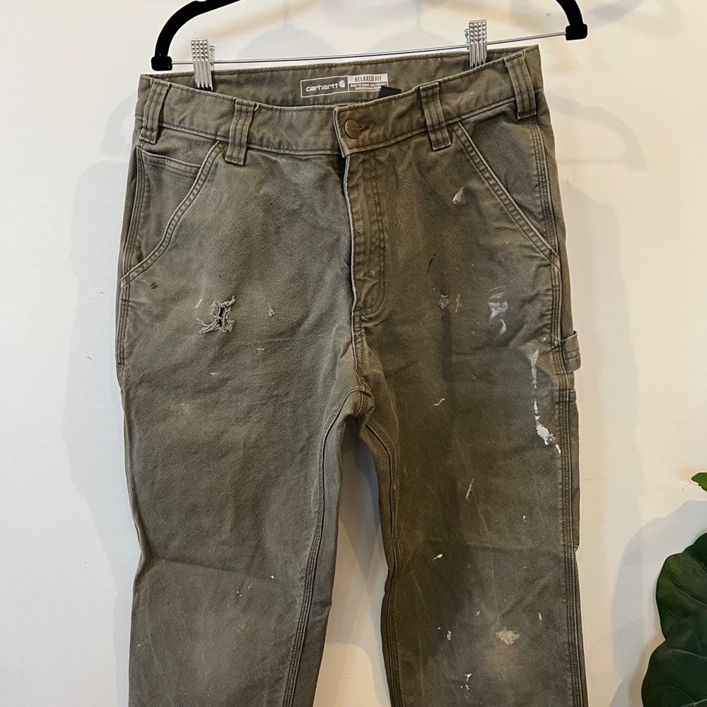 Carhartt Relaxed Fit Carpenter Pants Olive Green Distressed Workwear 32x32 Mens - Picture 4 of 9